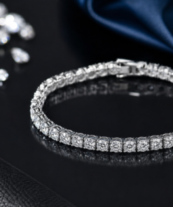 Classic Silver Tennis Bracelet | Round-Cut Four-Prong Setting | Elegant Fine Jewelry