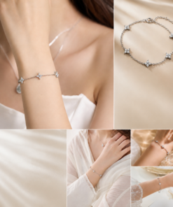 Alternative view of S925 Sterling Silver Moissanite Four-Leaf Clover & Star Bracelet | Delicate Chain with Multiple Charms