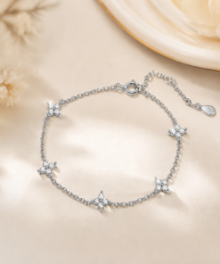 S925 Sterling Silver Moissanite Four-Leaf Clover & Star Bracelet | Delicate Chain with Multiple Charms